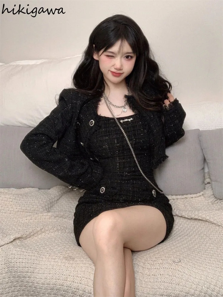 Korean 2 Piece Sets Womens Outfits O-neck Long Sleeve Crop Coat Tunic Bodycon Mini Dresses Suit Roupas Femme Vintage Tweed Set 240223
