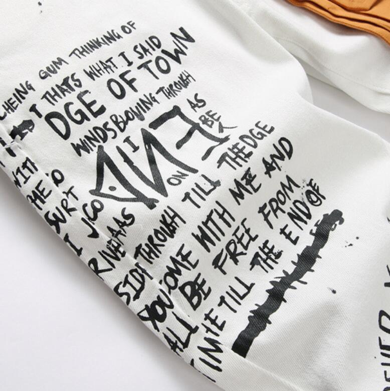 Big Pocket Men Ripped Letter Print Skinny Jeans Frayed Slim Fit Denim Pant Casual Zipper Nostalgic White Pants
