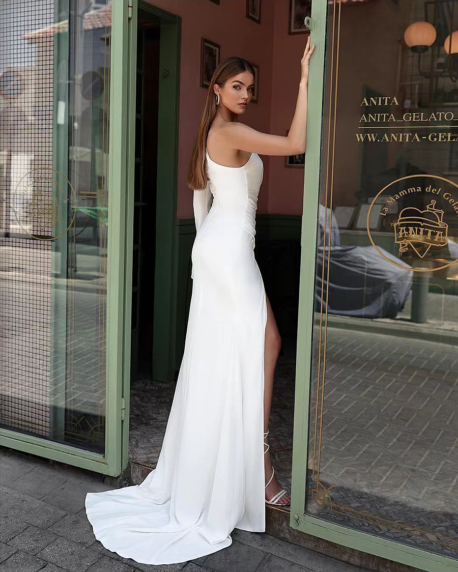 Dresses Sexy Mermaid One Shoulder High Split Satin Bridal Dress Formal Boho Stain Wedding Gowns Custom Size 326