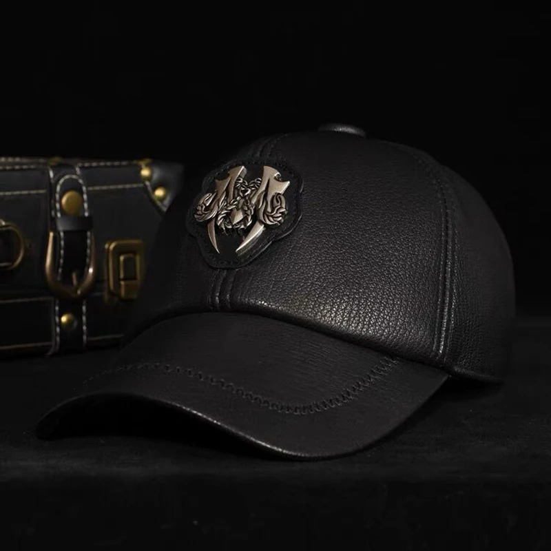 Fashion SpringWinter Man Genuine Leather Badge Black Baseball Caps Male Casual Cowhide Belt 5560 Adjustable Sprot Flight Hats 240220