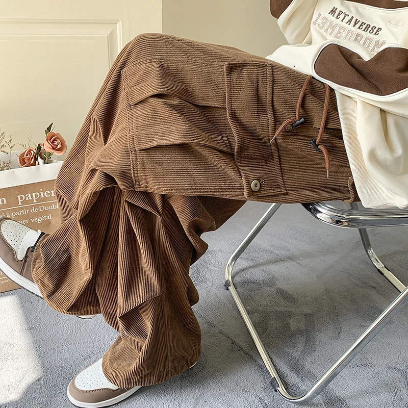Mens Brown Y2K Baggy Japan Pants Oversized Corduroy Loose Wide Leg Cargo Pant Trousers Casual Men Sweatpants Streetwear Korean 240227