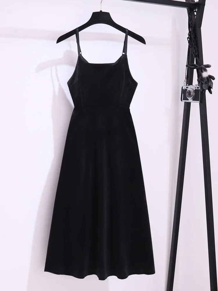 Autumn French Retro Two Piece Set For Womens Outfit Office Ladies Elegant Vintage Tweed Coatsstraped Black Velvet Dresses Sets 240223