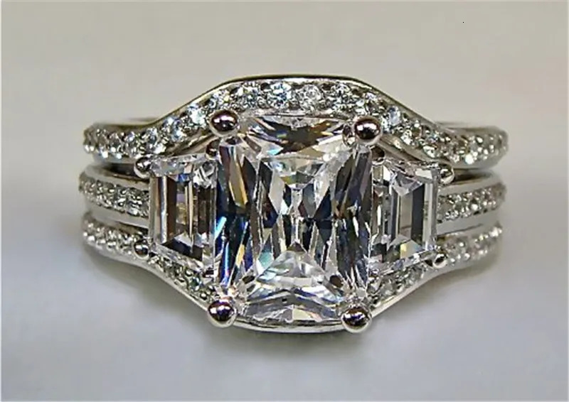 Vintage 10K White Gold 3ct Lab Diamond Ring sets 925 sterling silver Bijou Engagement Wedding band Rings for Women men Jewelry 240221