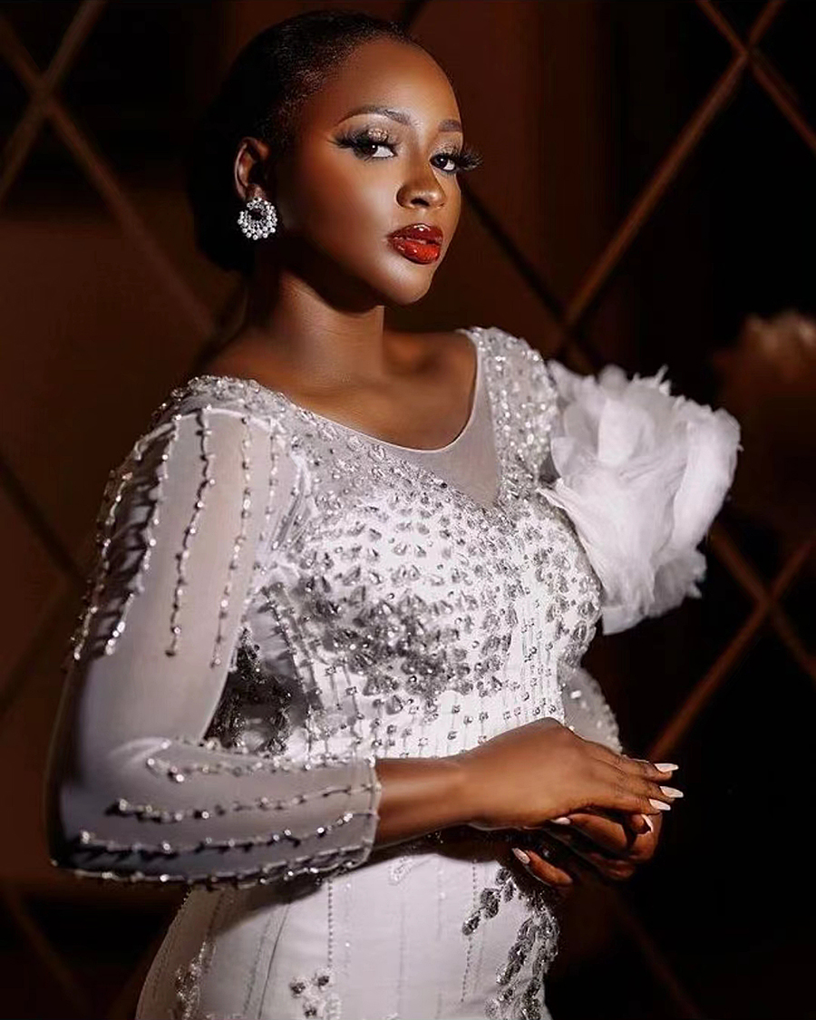 Appliques Beautiful Pearls Mermaid Wedding Dressess with Tulle Train Robe Mariee Beads Long Sleeves Bridal Gowns Vestidos De Novia 326