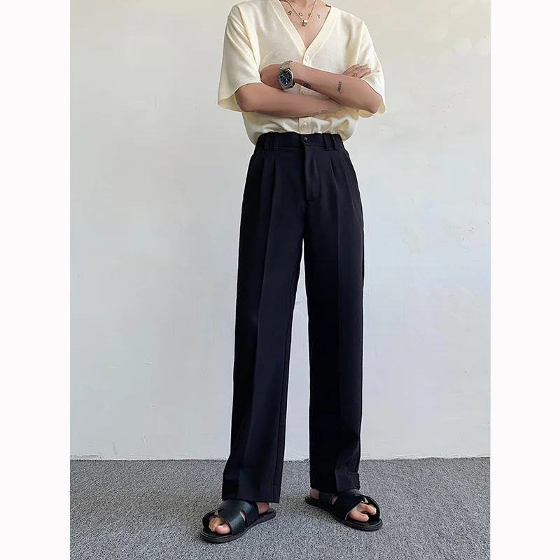 Black White Suit Men Fashion Social Dress Korean Loose Straight Wide Leg Pants Mens Office Formal Trousers