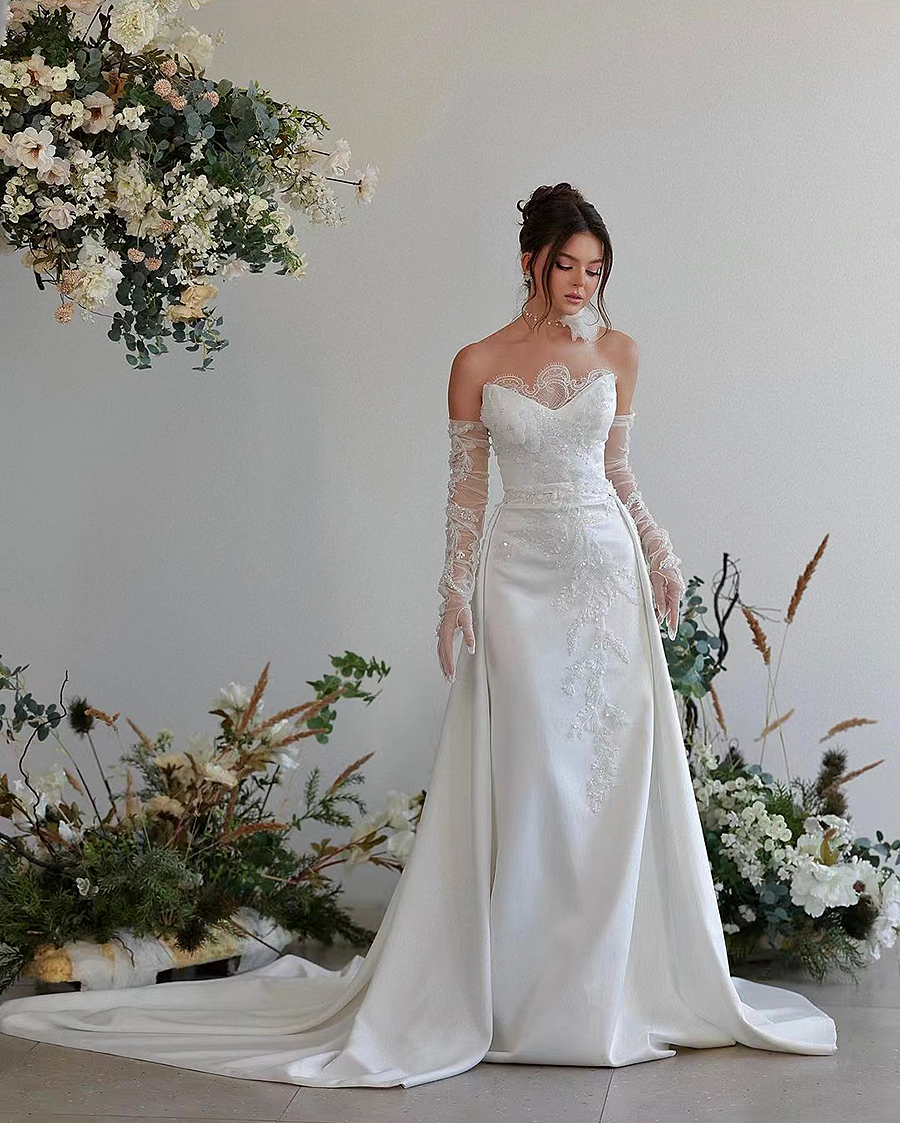 Mermaid Elegant Lace Wedding Dress Strapless Removable Sleeves Brida Gown V Neck Floor Length Robe De Mariage