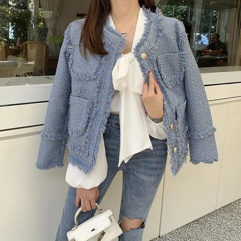 Chic Womens Winter Tweed Fringe Beaded Jacket High Quality Female Blue Woolen Coat 240226