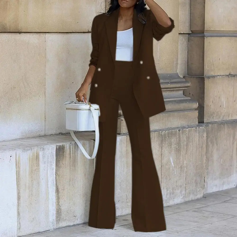 Two Pieces Women Blazer Pants Sets Solid Color Double Breasted Lapel Jacket Wide Leg Trousers Autumn Winter Lady Suit for Office 240226wtt