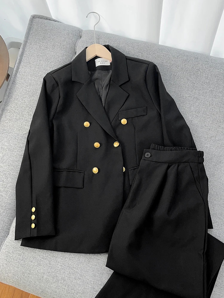 Elegant Office Lady Blazer Suit Metal Button Long Sleeve Coat High Waist Straight Pants Set Spring Chic Women 2 Piece Sets 240226wtt