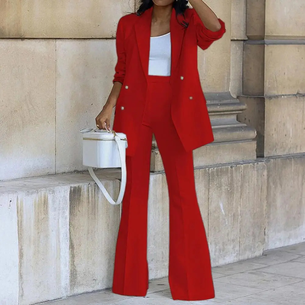 Two Pieces Women Blazer Pants Sets Solid Color Double Breasted Lapel Jacket Wide Leg Trousers Autumn Winter Lady Suit for Office 240226wtt
