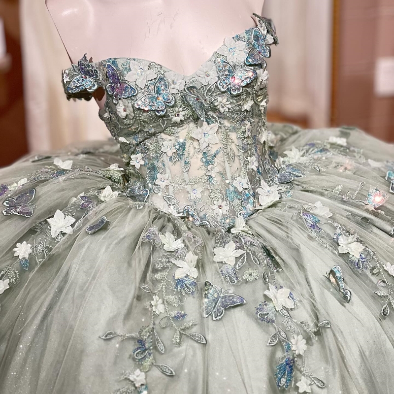 Light Green Quinceanera Dresses Sweet 16 Year Ball Gown Off the Shoulder Applique Bow Tull Party Birthday Dress for Girl vestidos de 15 anos