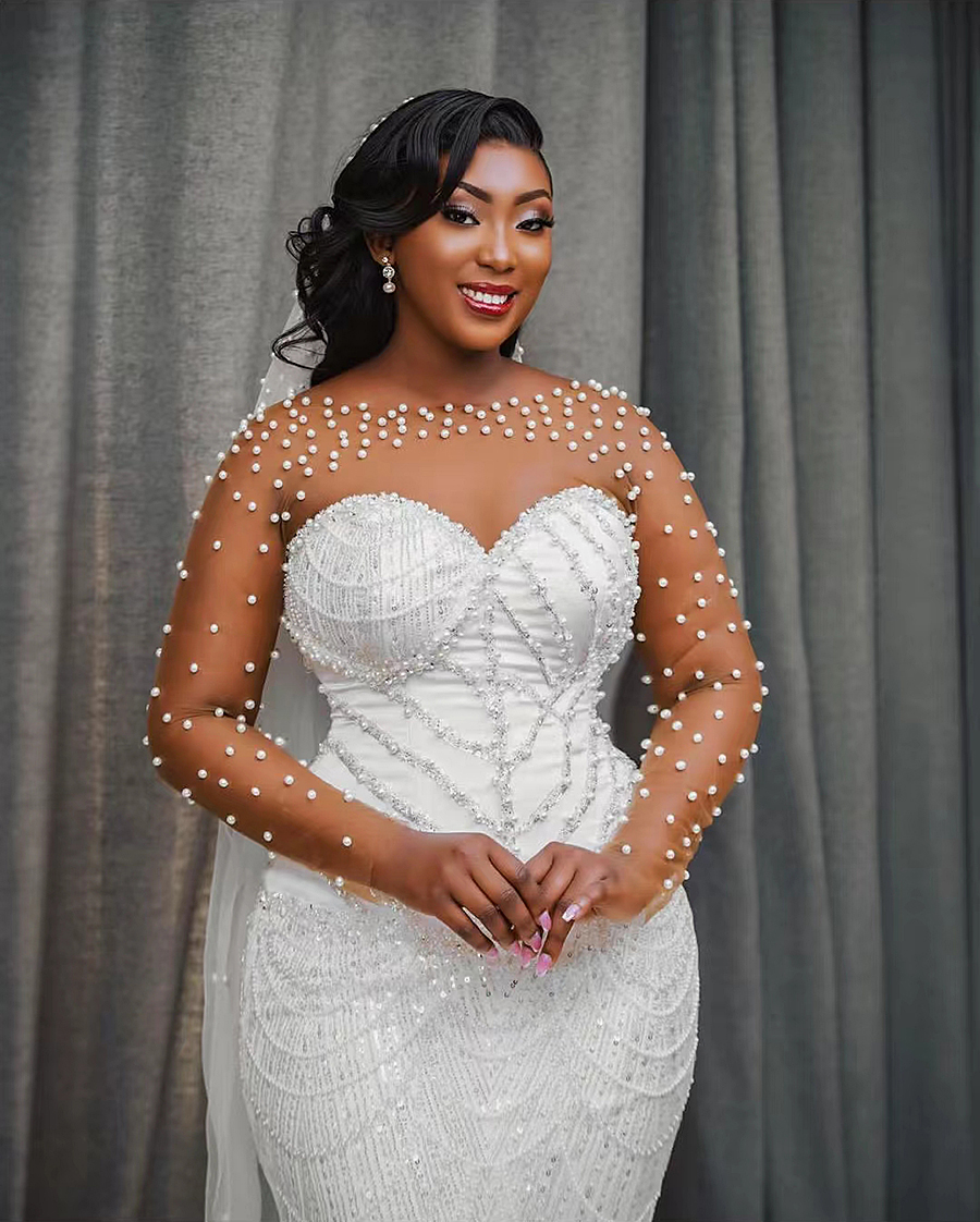 Plus Size Pearls Mermaid Wedding With Detachable Train Beaded Sequined Bridal Gown Long Sleeve Robe De Mariee