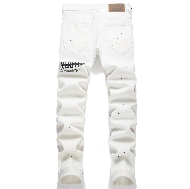 Big Pocket Men Ripped Letter Print Skinny Jeans Frayed Slim Fit Denim Pant Casual Zipper Nostalgic White Pants