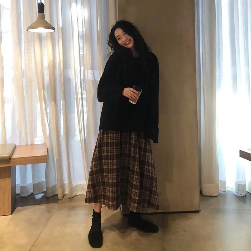Vintage Skirts Allmatch Autumn Spring Basic Loose Empire Mujer Faldas Korean Fashion Simple Retro Chic Female Clothing 240228Z