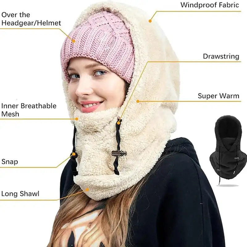 Sherpa Hood Ski Mask Fleece Balaclava Wind Resistant Winter Face for Men and Women Warm Cover Hat Cap Scarf 240227