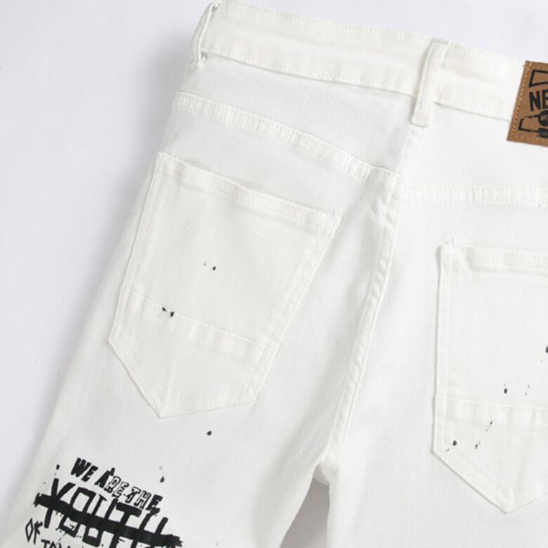 Big Pocket Men Ripped Letter Print Skinny Jeans Frayed Slim Fit Denim Pant Casual Zipper Nostalgic White Pants