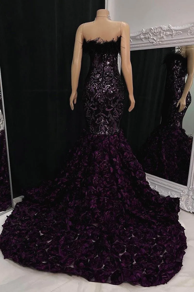 Deep Purple Cascading Lace Wers Feather Prom Dresess Sexy Mermaid Strapless Backless Black Evening Gowns Formal Bc18277 Lz0304