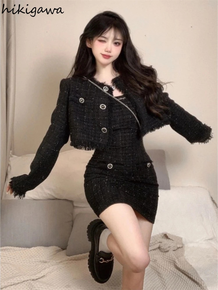 Korean 2 Piece Sets Womens Outfits O-neck Long Sleeve Crop Coat Tunic Bodycon Mini Dresses Suit Roupas Femme Vintage Tweed Set 240223