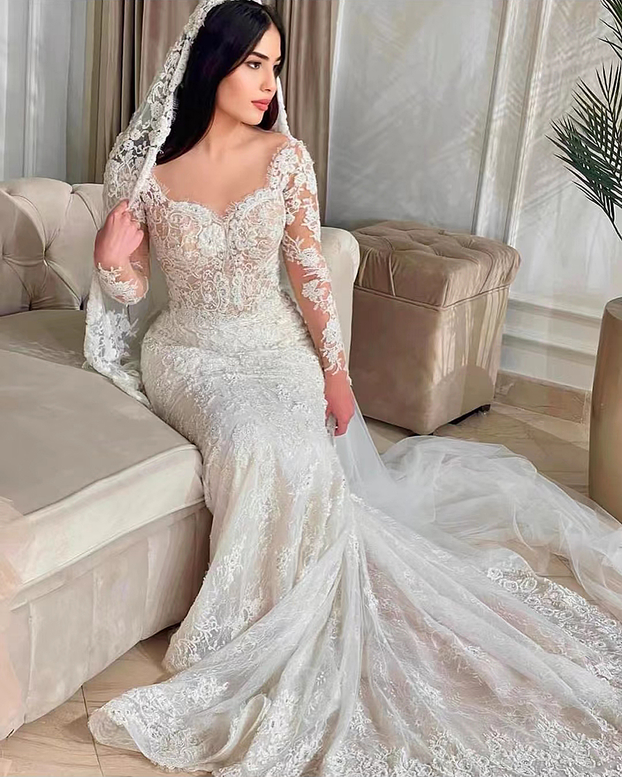 Mermaid Wedding Romantic With Detachable Train Lace Long Sleeve Two In One Bride Dress Convertible Church Bridal 6660306