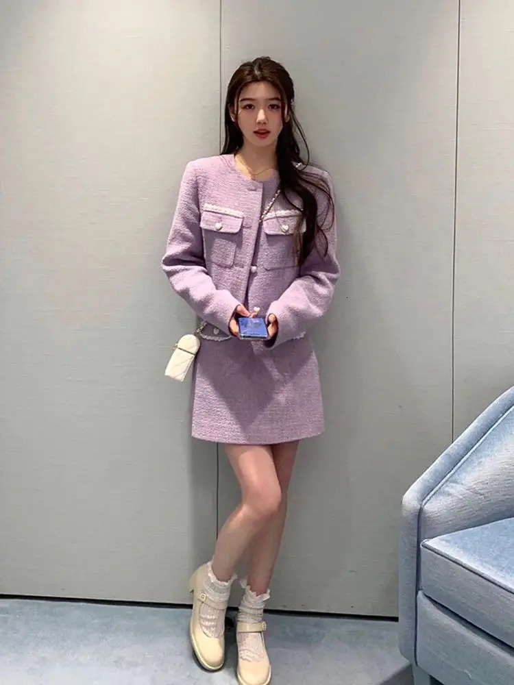Small Fragrant Tweed Purple Coat And Skirt Set Blazer Dress Elegant Womens Korean Style Two 2 Piece Outfits For Women Robe Sets 240223