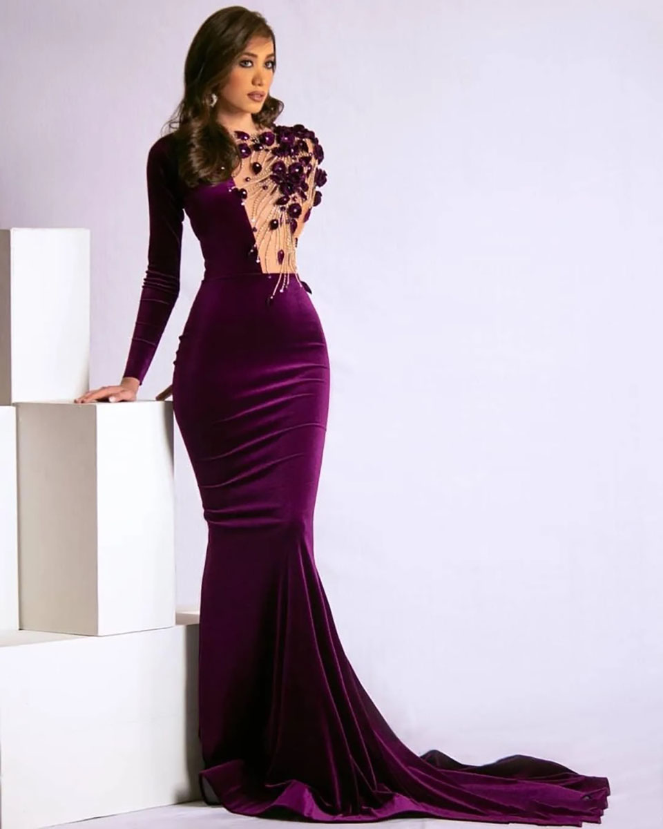 Prom Dresses Evening Gown Party Trumpet Mermaid Formal Long Sleeve Custom Zipper Lace Up Plus Size New Beaded Illusion O-Neck Hand Made Flowers Velvet