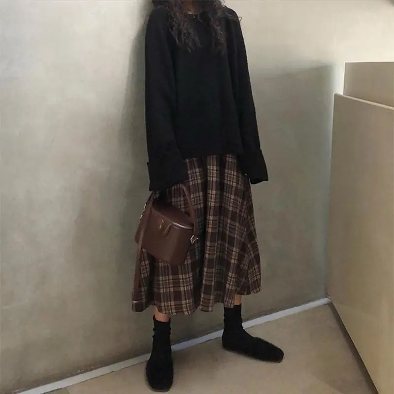 Vintage Skirts Allmatch Autumn Spring Basic Loose Empire Mujer Faldas Korean Fashion Simple Retro Chic Female Clothing 240228Z