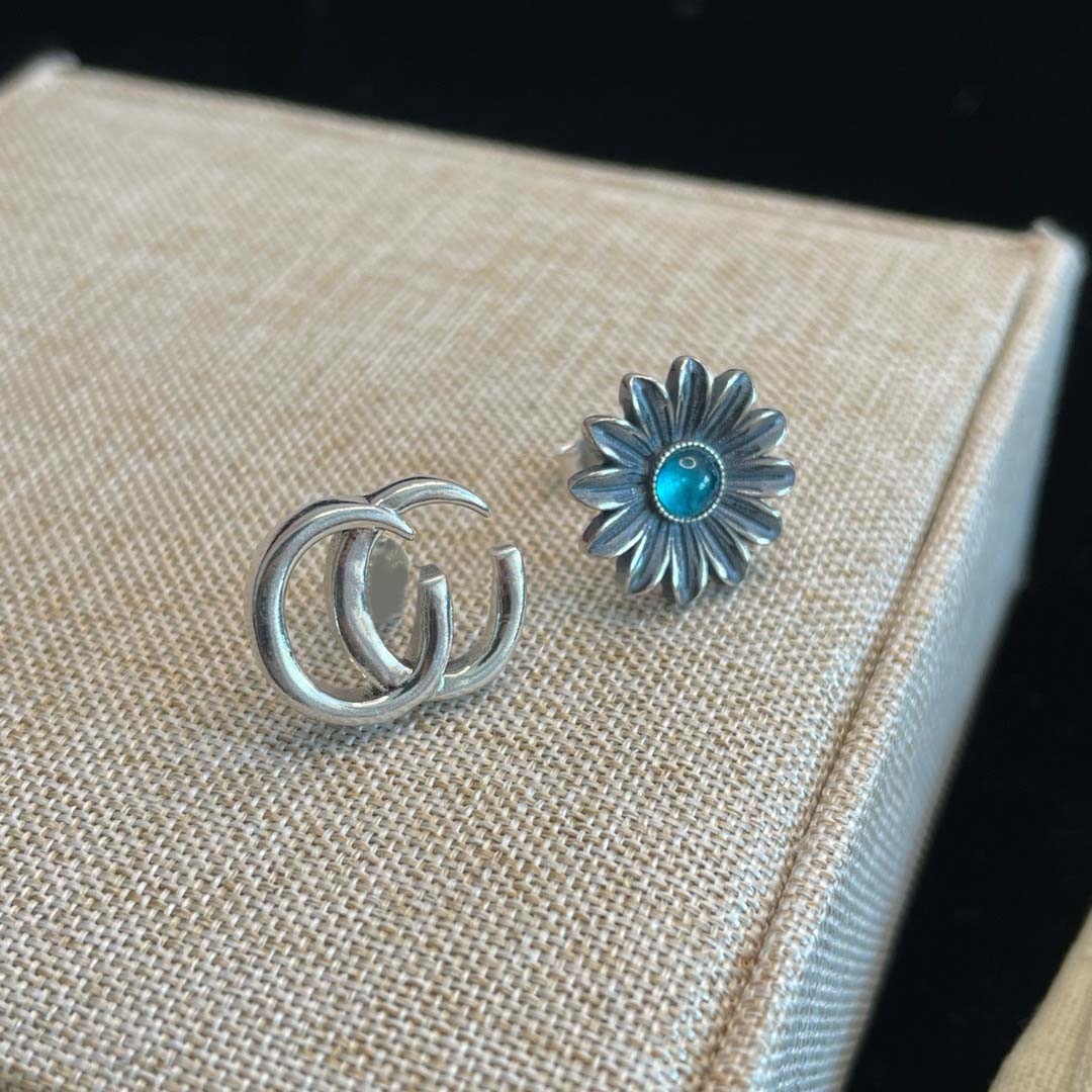 Silver, designer earrings, classic double letter, floral, left and right asymmetrical, blue embellishing, personality, Stud earrings, high quality, 925 silver needle