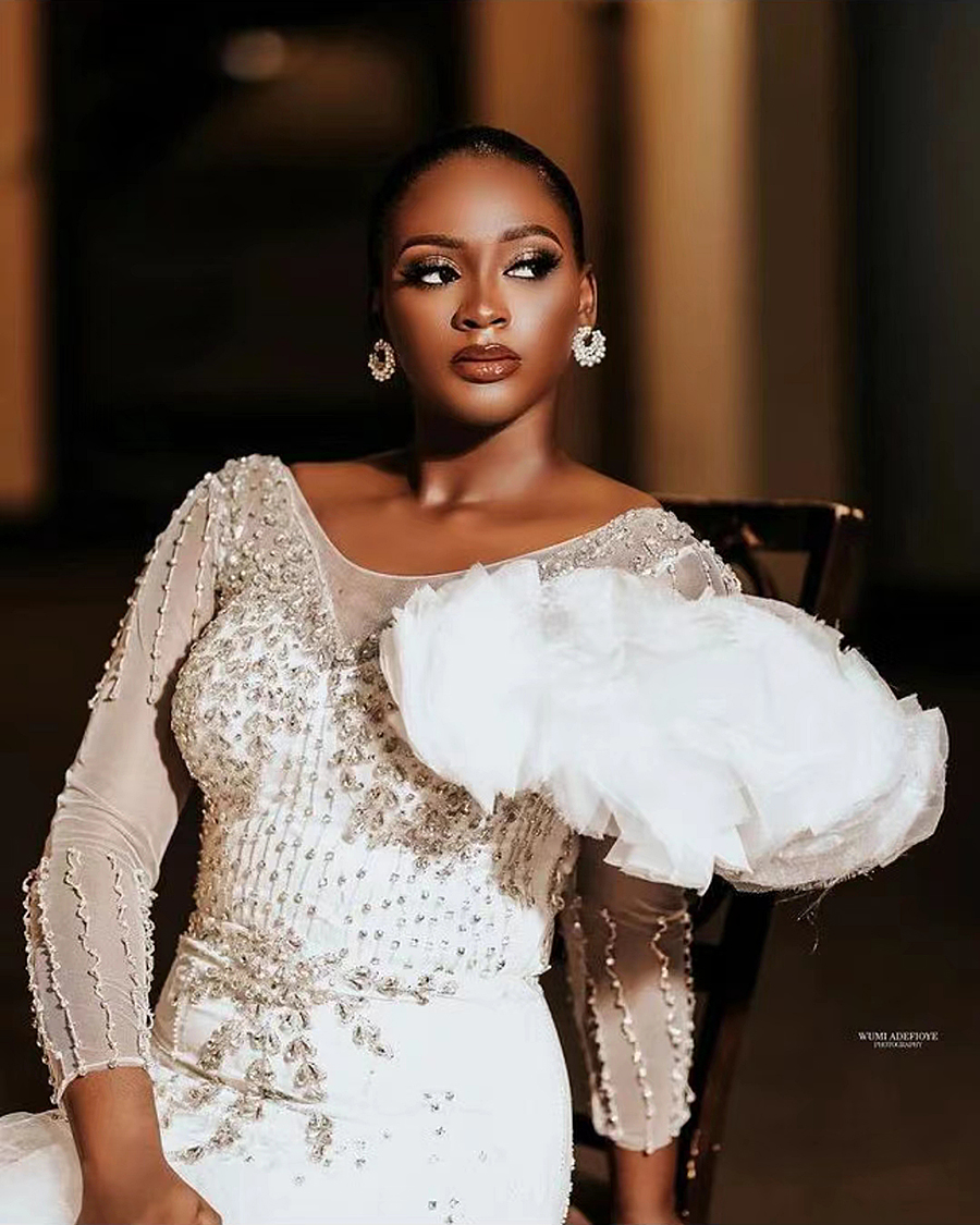 Appliques Beautiful Pearls Mermaid Wedding Dressess with Tulle Train Robe Mariee Beads Long Sleeves Bridal Gowns Vestidos De Novia 326