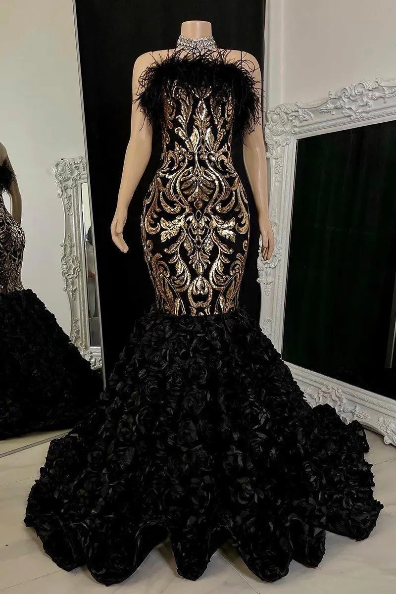 Deep Purple Cascading Lace Wers Feather Prom Dresess Sexy Mermaid Strapless Backless Black Evening Gowns Formal Bc18277 Lz0304