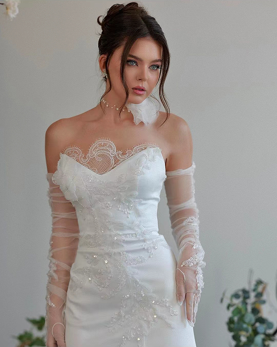 Mermaid Elegant Lace Wedding Dress Strapless Removable Sleeves Brida Gown V Neck Floor Length Robe De Mariage