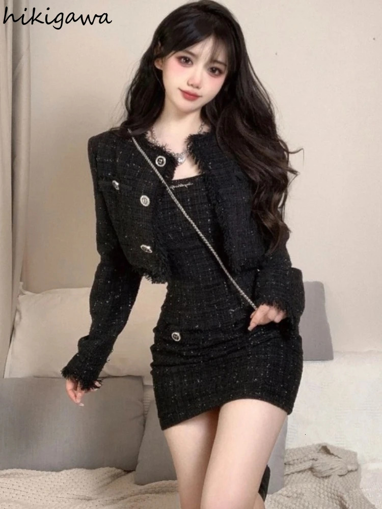 Korean 2 Piece Sets Womens Outfits O-neck Long Sleeve Crop Coat Tunic Bodycon Mini Dresses Suit Roupas Femme Vintage Tweed Set 240223