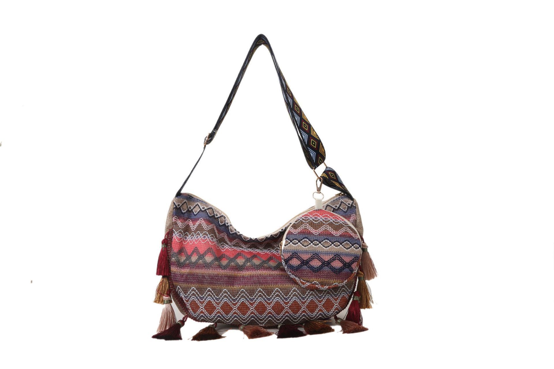 Ethnic Retro Crossbody Bag for Women Unique Bohemian Tassel Detail Single Shoulder Purse Large Capacity Tote for Everyday Carry