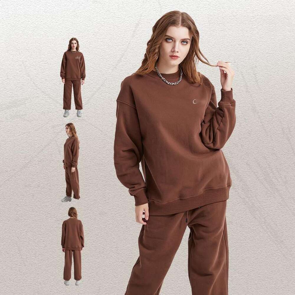 Yoga Slouchy Suit Sweatshirts +Sweatpants Plush Heavy Weight Crew Neck Pullover Lovers Studio-to-street Sweater Loose Jogger Sweatwear 3d on Chest