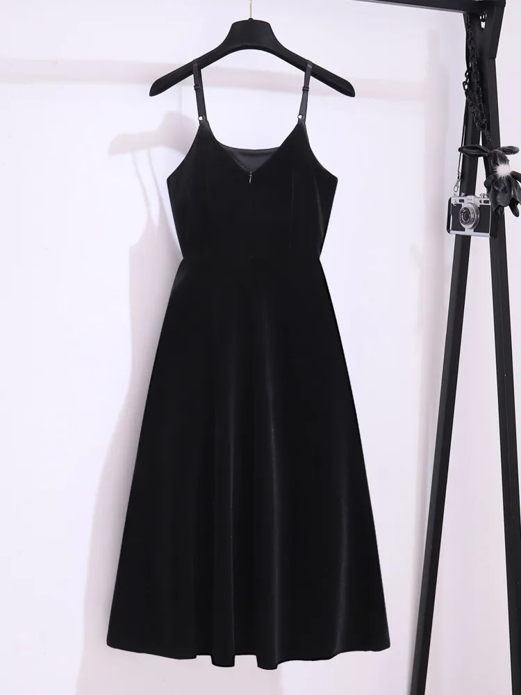 Autumn French Retro Two Piece Set For Womens Outfit Office Ladies Elegant Vintage Tweed Coatsstraped Black Velvet Dresses Sets 240223