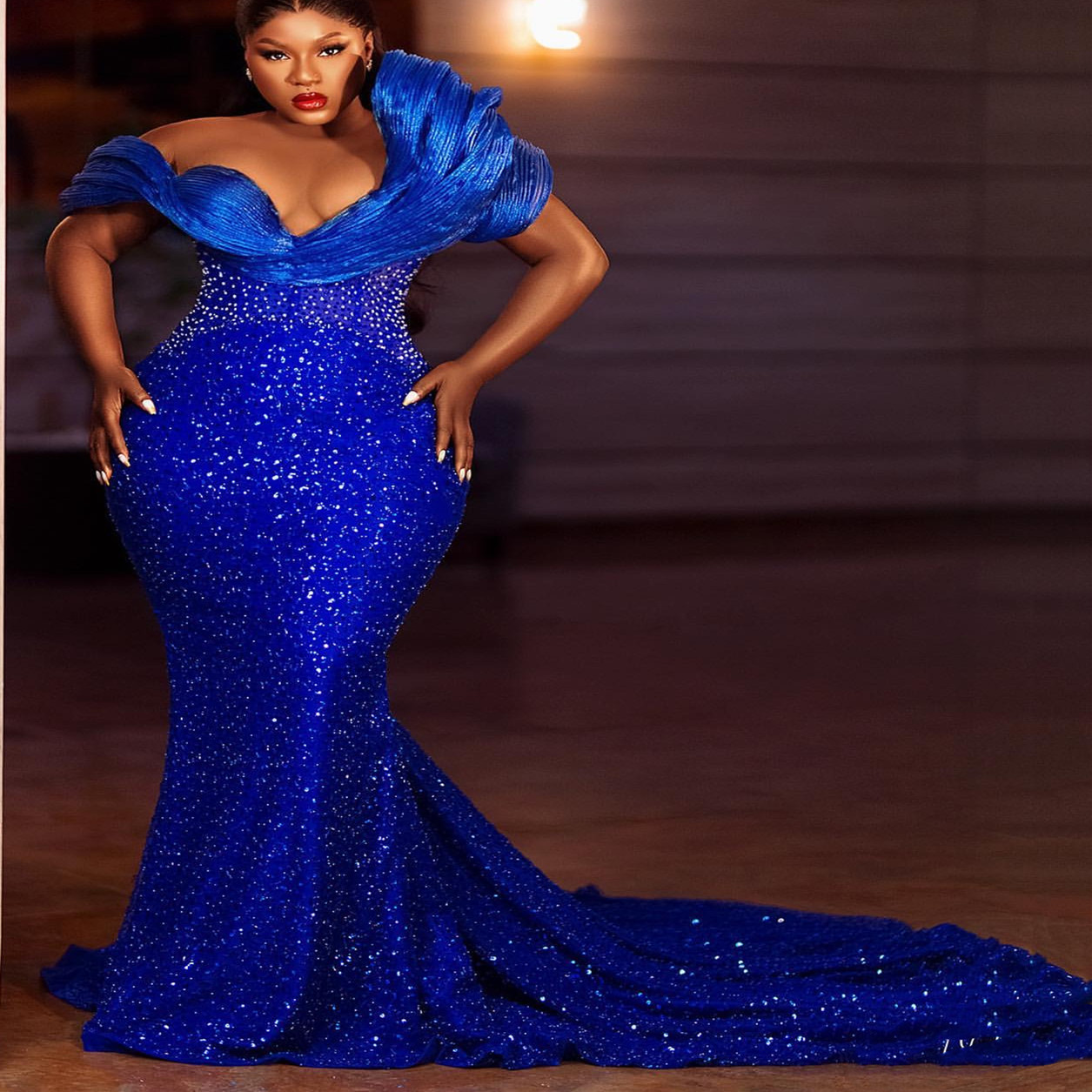 2024 Aso Ebi Royal Blue Mermaid Prom Dress Sheer Neck Beaded Evening Formal Party Second Reception 50th Birthday Engagement Gowns Dresses Robe De Soiree ZJ91