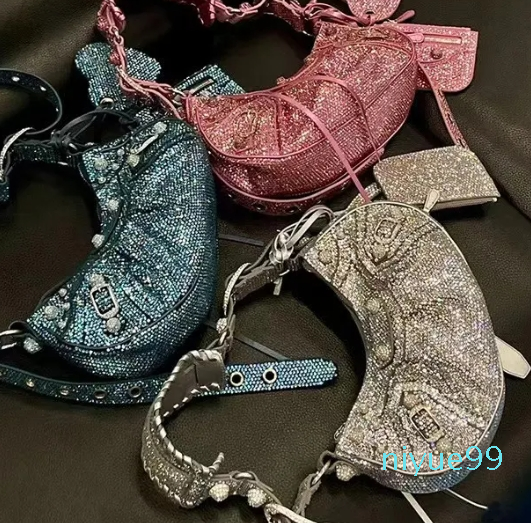 mirror quality shiny crossbody pochette bag motorcycle half moon Women's mens Designer rhinestone purse diamond Luxury tote handbags clutch shoulder bag