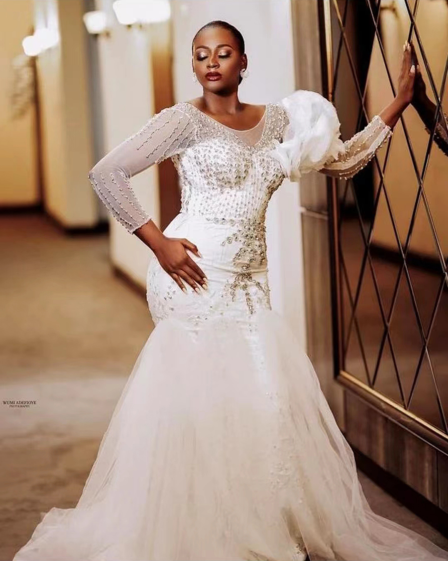 Appliques Beautiful Pearls Mermaid Wedding Dressess with Tulle Train Robe Mariee Beads Long Sleeves Bridal Gowns Vestidos De Novia 326