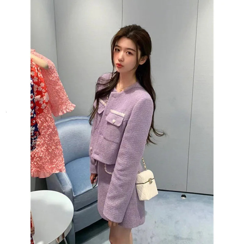 Small Fragrant Tweed Purple Coat And Skirt Set Blazer Dress Elegant Womens Korean Style Two 2 Piece Outfits For Women Robe Sets 240223