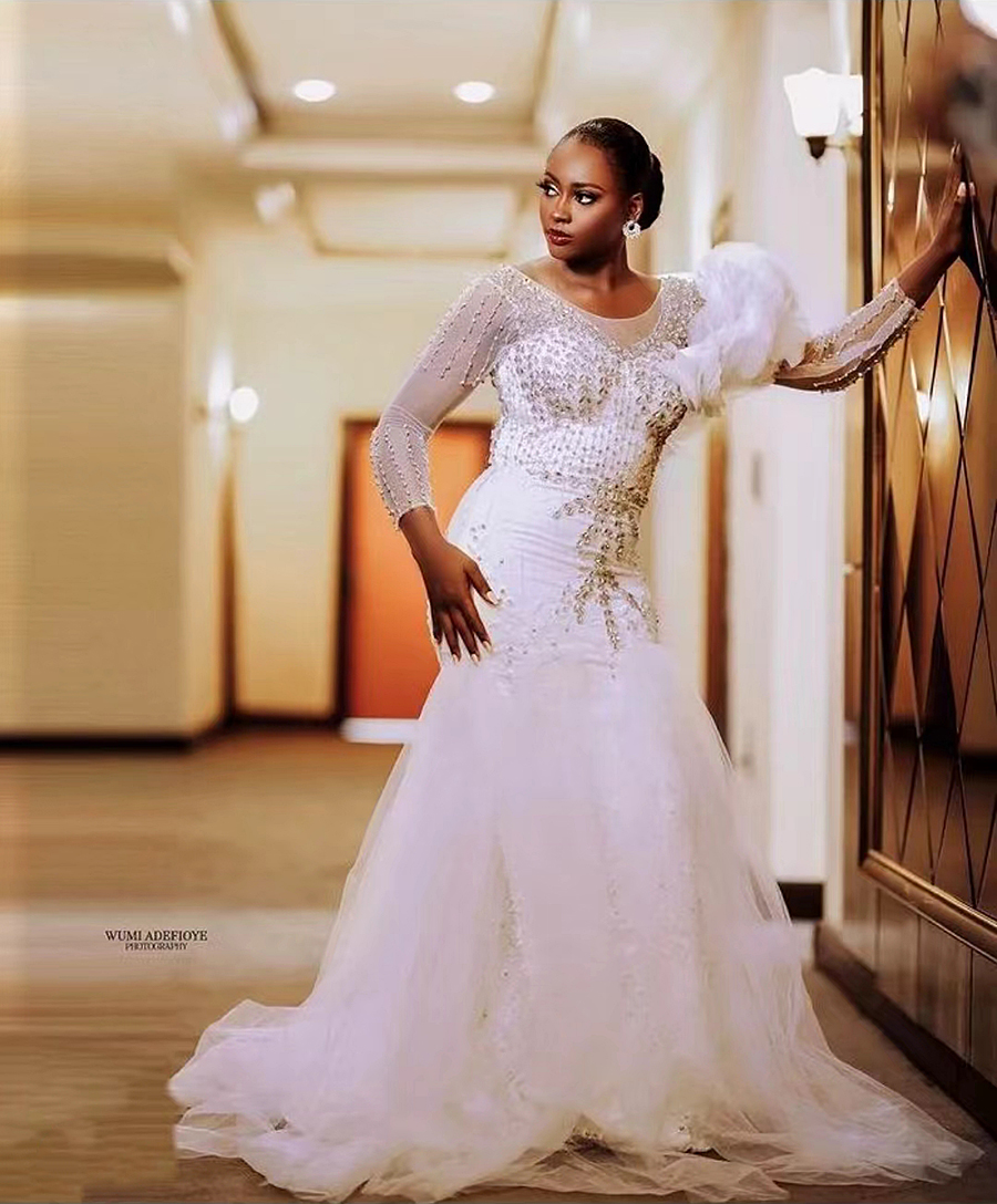 Appliques Beautiful Pearls Mermaid Wedding Dressess with Tulle Train Robe Mariee Beads Long Sleeves Bridal Gowns Vestidos De Novia 326