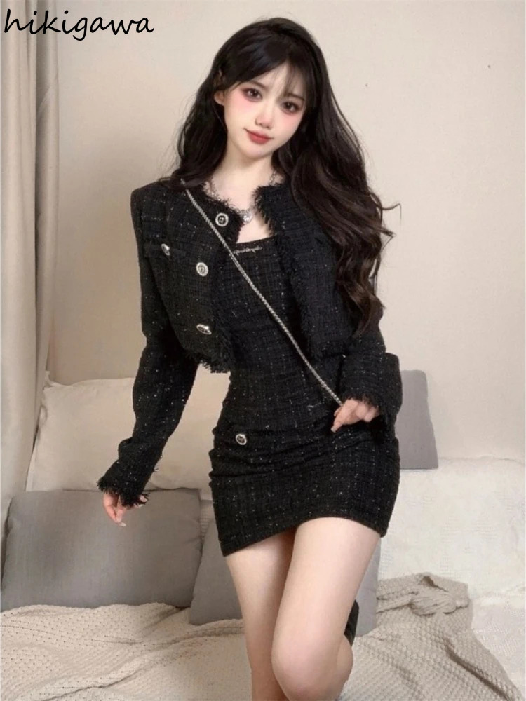 Korean 2 Piece Sets Womens Outfits O-neck Long Sleeve Crop Coat Tunic Bodycon Mini Dresses Suit Roupas Femme Vintage Tweed Set 240223