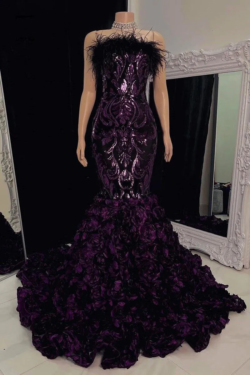 Deep Purple Cascading Lace Wers Feather Prom Dresess Sexy Mermaid Strapless Backless Black Evening Gowns Formal Bc18277 Lz0304
