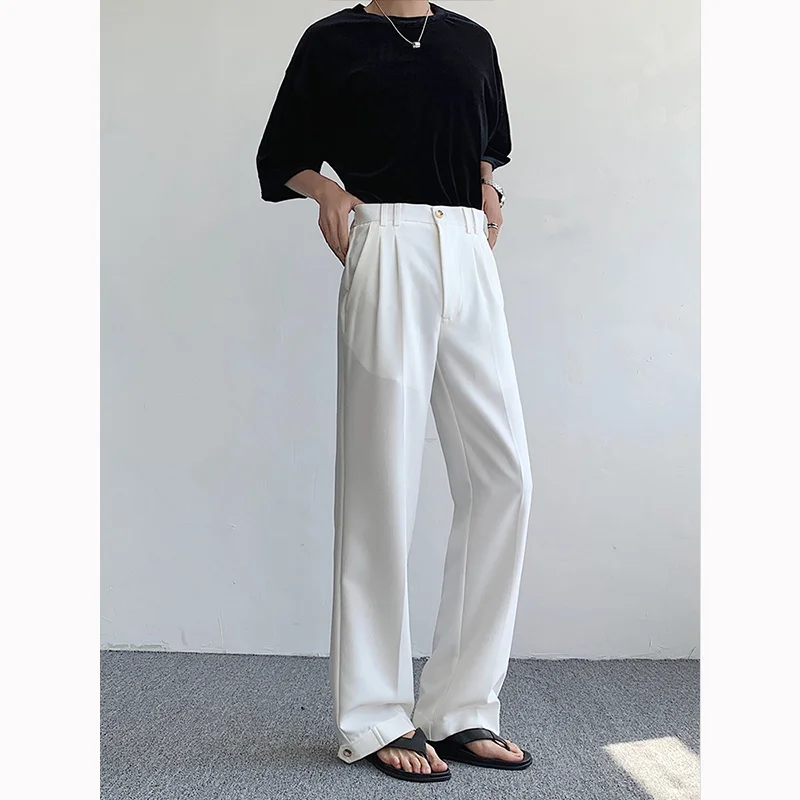 Black White Suit Men Fashion Social Dress Korean Loose Straight Wide Leg Pants Mens Office Formal Trousers