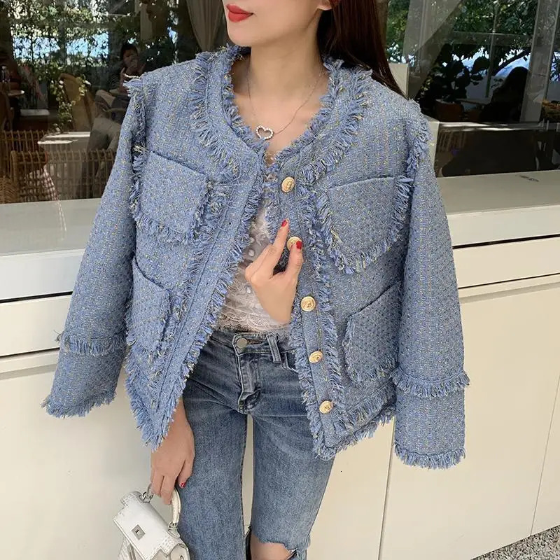 Chic Womens Winter Tweed Fringe Beaded Jacket High Quality Female Blue Woolen Coat 240226