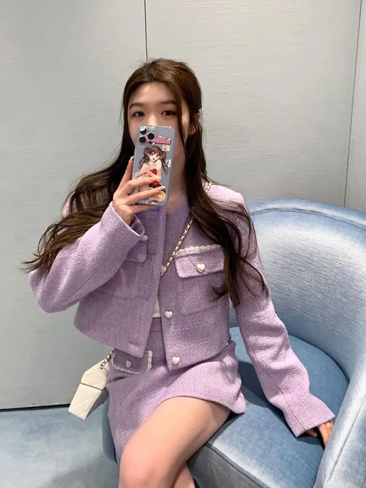 Small Fragrant Tweed Purple Coat And Skirt Set Blazer Dress Elegant Womens Korean Style Two 2 Piece Outfits For Women Robe Sets 240223