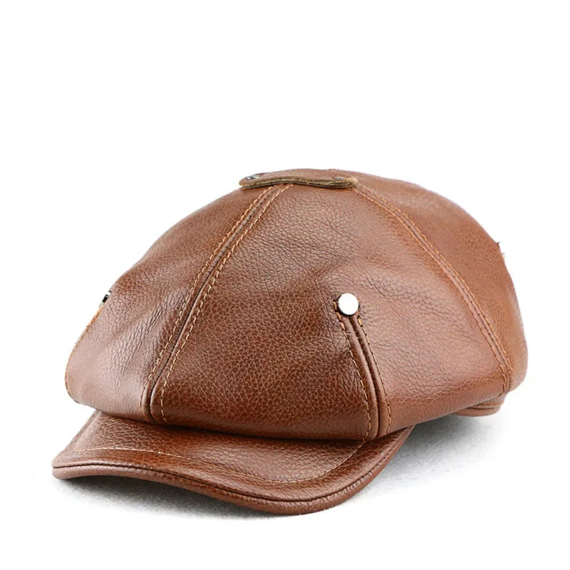 Autumn Winter Real Full Grain Cow Leather Octagonal Beret Cap For Men Retro Fashion British Style sboy Hat Artist Visor 240229