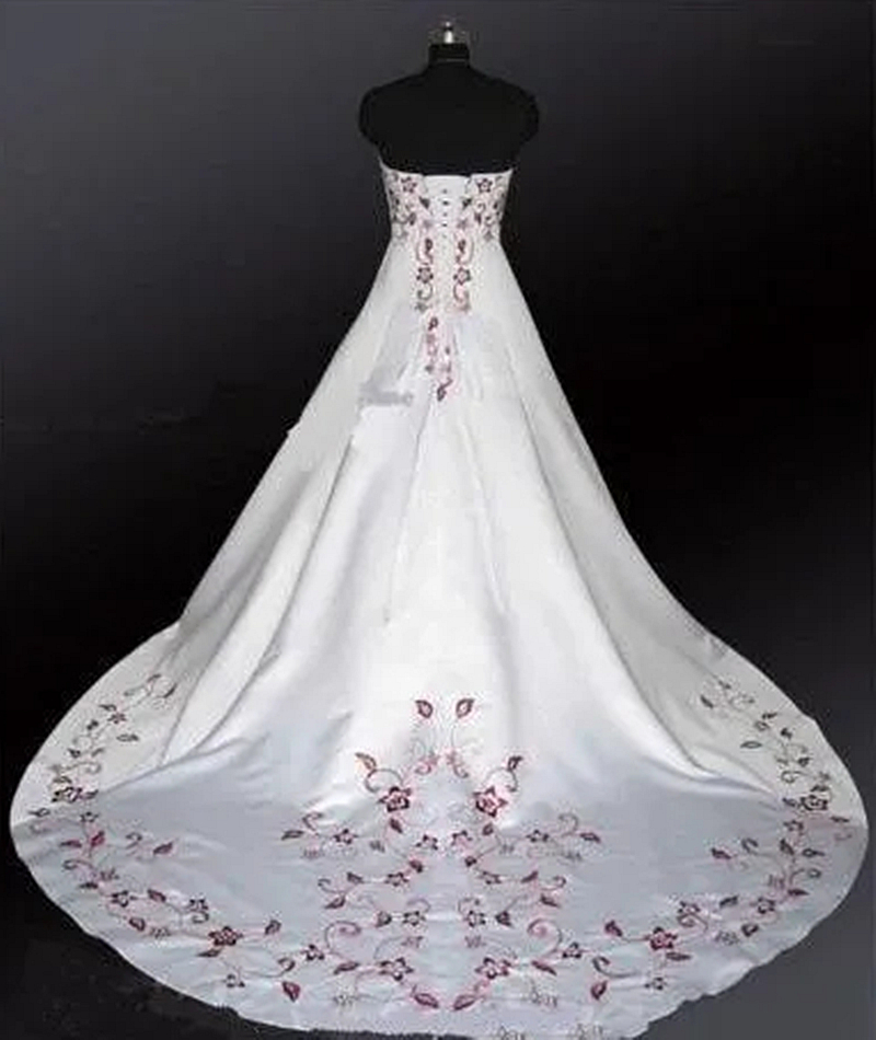 2024 Embroidery Satin A Line Wedding Dresses White And Dark Red Long Bridal Gowns Strapless Sleeveless Elegant Bride Reception Gown Back Lace-UP