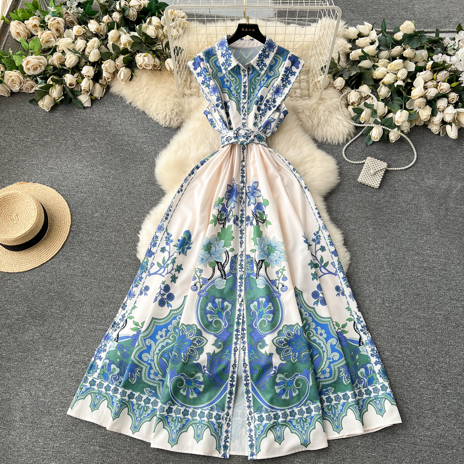 Dresses Summer Elegant Print Ral Long Dress Women's Sleeveless Lapel Single Breasted Belt Tank Beach Party Vestidos Clothings