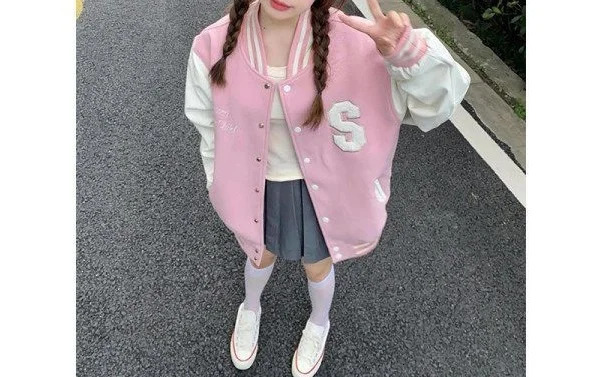 College style plush pink Baseball uniform for women in spring and autumn thickened jacket cardigan lovers 240226