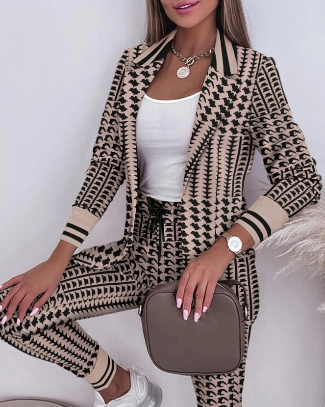 Womens Spring Double Breasted Blazer Office Pantsuit Striped Notched Collar Coat Drawstring Pants Set 2 Piece Female 240226wtt