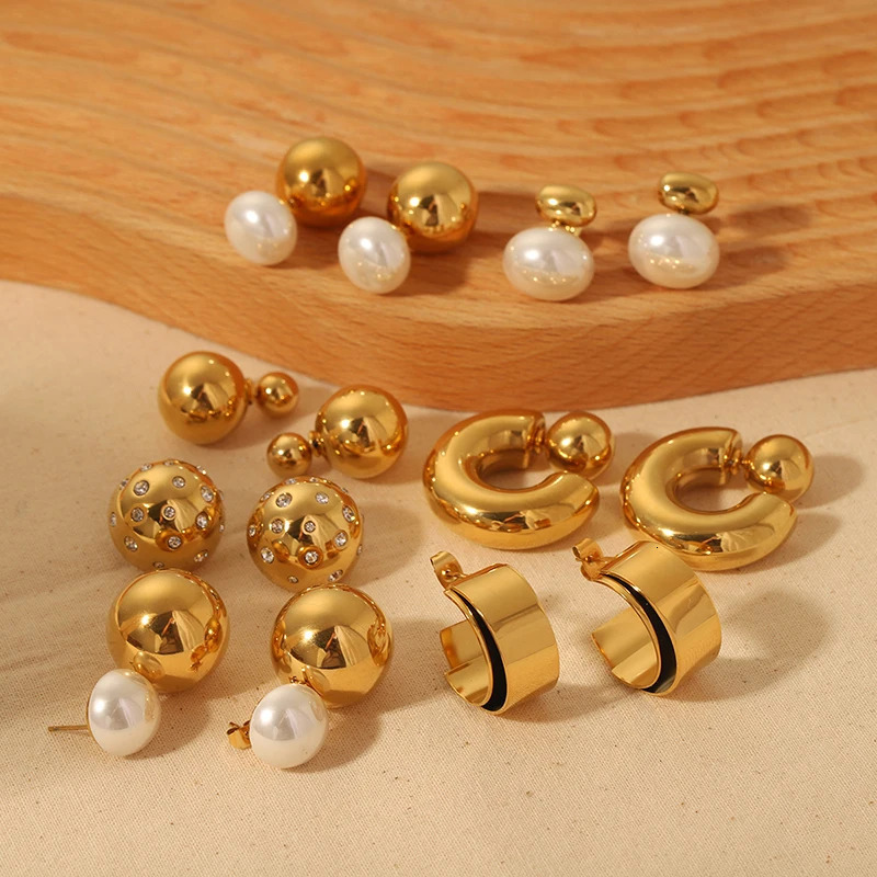 INS Trendy Stainless Steel Plastic Pearl Round Bead Dangle Earring Front Back C Shape Earrings from Women Texture Hoops Jewelry 240227